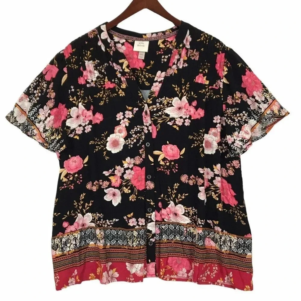 Knox Rose Womens Size XXL 2XL Floral Button Up Short Sleeve Top Shirt Career